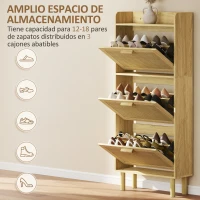 HOMCOM Mueble Zapatero con 3 Cajones Abatibles y Estante Abierto para12-18 Pares de Zapatos 65x24,5x153 cm Roble(m-5)