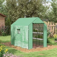 Outsunny Walk-in Greenhouse with 3 Tier Shelves, Outdoor Green House Garden Grow House with Reinforced PE Cover, Roll-up Door and Mesh Windows, 140 x 213 x 190cm, Green(m-9)