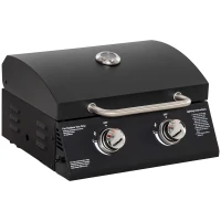 Outsunny Barbecue gaz de Table transportable Pieds Pliables - 2 brûleurs 5 KW - Barbecue gaz de Camping - Grille de Cuisson, réceptacle Graisse, thermomètre - Acier de Qualité Alimentaire Noir(m-11)