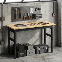 HOMCOM Masă de Lucru Reglabilă 122 cm, Blat Robust din Lemn de Cauciuc, 2 Prize AC și 2 Porturi USB, Panou Perforat, Capacitate 900 kg, pentru Garaj, Atelier și Casă(m-2)