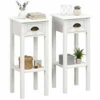 HOMCOM 2-Tier Side Tables Set of 2 with Drawer and Shelf, 2 Pieces Bedside Tables for Living Room and Hallway, White(m-10)
