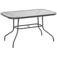 Outsunny Outdoor Garden Dining Table with Glass Top, Metal Frame Table with Parasol Hole for Backyard, Balcony, 120L x 80Wcm, Grey(m-1)