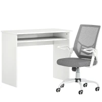 HOMCOM Home Office Furniture Set, Modern Computer Desk with Storage Shelf and Ergonomic Mesh Chair with Flip-Up Arms, Lumbar Support, Adjustable Height, Swivel Wheels, White and Grey(m-1)