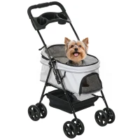 PawHut Poussette pour Petits Chiens avec 4 Roues Frein Panier Capote Sangles de Sécurité et Fenêtres 67x45x96 cm Gris clair(m-6)