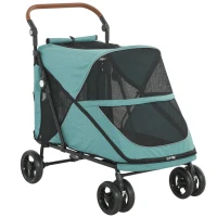 PawHut Carrito para Perros Plegable con un Botón hasta 30 kg con Suspensión en 4 Ruedas Giratorio y Freno de Pie Turquesa(m-1)