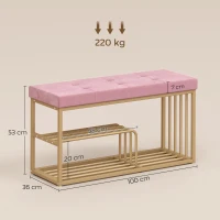 HOMCOM Bench and Shoe Storage, Tufted Shoe Storage Bench with Velvet Seat Cushion Gold Steel Frame for Entryway, Pink(m-3)