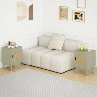 HOMCOM Set of 2 Rattan Bedside Tables, Boho Nightstands with Solid Wood Legs and Storage Cabinet for Living Room, Bedroom, Accent End Side Table, Light Green(m-2)