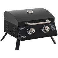 Outsunny Barbecue gaz de Table transportable Pieds Pliables - 2 brûleurs 5 KW - Barbecue gaz de Camping - Grille de Cuisson, réceptacle Graisse, thermomètre - Acier de Qualité Alimentaire Noir(m-12)