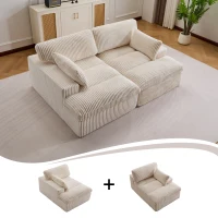 Doppelter Chaiselongue-Sessel für den Innenbereich, übergroße gepolsterte Cloud-Schlafcouch, luxuriöses Schlafsofa mit tiefem Sitz, Sofa-Chaiselongue mit Anbausofa, Lesesessel aus Cord für das Wohnzimmer, kein Zusammenbau erforderlich, weiß(m-4)