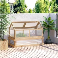 Outsunny Raised Garden Bed with Greenhouse Top - Garden Wooden Cold Frame Greenhouse Flower Planter Protection with 2 Independent Roofs, 122 x 61 x 82 cm, Natural(m-2)