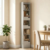 HOMCOM Bookcase Tall Narrow with 5 Tiers and Drawers Freestanding Bookshelf Storage Cabinet for Living Room Grey(m-2)