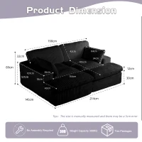 Doppelter Chaiselongue-Sessel für den Innenbereich, übergroße gepolsterte Cloud-Schlafcouch, luxuriöses Schlafsofa mit tiefem Sitz, geteiltes Chaiselongue-Sofa, Lesesessel aus Cord für das Wohnzimmer, kein Zusammenbau erforderlich, schwarz(m-3)