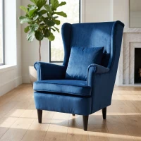 HOMCOM Modern Accent Chair with High Backrest and Pillow, Velvet-Feel Fabric Reading Chair with Solid Wood Legs, Blue(m-7)
