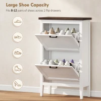 HOMCOM Shoe Cabinet with 2 Flip Drawers, Farmhouse Narrow Shoe Storage Cabinet with Adjustable Shelves, White(m-5)