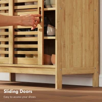 HOMCOM Bamboo Shoe Cabinet with 2 Sliding Slat Doors, 16Pairs, Adjustable Shelves, Natural(m-6)