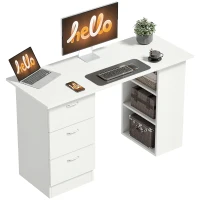 HOMCOM Bureau d'ordinateur avec 3 tiroirs et 3 étagères ouvertes, 120x49x72cm, bureau avec rangement réversible, style moderne, table informatique pour chambre, petit espace, télétravail, blanc(m-1)