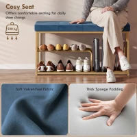 HOMCOM Bench and Shoe Storage, Tufted Shoe Storage Bench with Velvet Seat Cushion Gold Steel Frame for Entryway, Dark Blue(m-5)