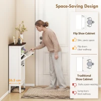 HOMCOM Shoe Cabinet with 2 Flip Drawers, Farmhouse Narrow Shoe Storage Cabinet with Adjustable Shelves, White(m-4)