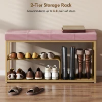 HOMCOM Bench and Shoe Storage, Tufted Shoe Storage Bench with Velvet Seat Cushion Gold Steel Frame for Entryway, Pink(m-6)