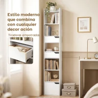 HOMCOM Estantería para Libros con 2 Cajones y Puerta Librería Estrecha con 6 Estantes Abiertos 32x24x181,5 cm Blanco(m-6)
