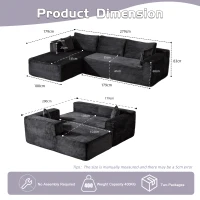 Kompressions-Sofagarnitur mit bequemer Chaiselongue, knochenloses L-förmiges Sofa mit tiefem Sitz, minimalistische modulare Sofas zum Schlafen für Wohnzimmer, Schlafzimmer, Apartment, Lounge, Cord, Schwarz(m-3)