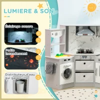 AIYAPLAY Cuisine enfant en bois avec 17 accessoires légumes en plastique boutons et lumières toque 3-6 ans gris blanc(m-5)