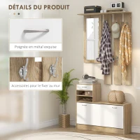 HOMCOM Meuble d'entrée vestiaire avec panneau porte-manteau, miroir et banc à chaussures - 6 crochets et étagère réglable(m-5)