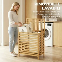HOMCOM Cesto Portabiancheria in Bambù 64L con Coperchio, 2 Sacche in Tessuto Oxford Rimovibili e Lavabili, Color Legno(m-6)