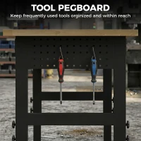 HOMCOM Masă de Lucru Reglabilă 122 cm, Blat Robust din Lemn de Cauciuc, 2 Prize AC și 2 Porturi USB, Panou Perforat, Capacitate 900 kg, pentru Garaj, Atelier și Casă(m-7)