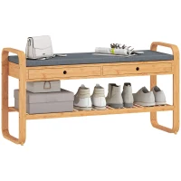 HOMCOM Shoe Bench with 2 Drawers Cushioned Seat Shoe Storage Bench for Hallway 105 cm Natural and Grey(m-10)