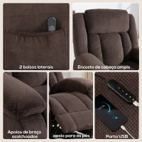 HOMCOM Poltrona Relax Reclinável Elétrica Elevatória com Porta USB Controlo Remoto Assento Largo Apoio para os Pés Castanho(m-6)
