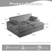 Doppelter Chaiselongue-Sessel für den Innenbereich, übergroße gepolsterte Cloud-Schlafcouch, luxuriöses Schlafsofa mit tiefem Sitz, Sofa-Chaiselongue mit Anbausofa, Lesesessel aus Cord für das Wohnzimmer, keine Montage erforderlich, grau(m-3)