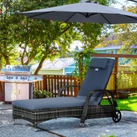 Outsunny Garden Rattan Furniture Single Sun Lounger Recliner Bed Reclining Chair Patio Outdoor Wicker Weave Adjustable Headrest with Fire Retardant Cushion - Grey(m-2)