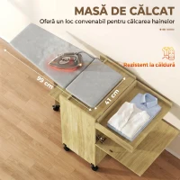 HOMCOM Dulap Masă de Călcat Rabatabilă cu Roți și Suport pentru Fier de Călcat, Dulap Multifuncțional cu Rafturi, Compartiment Deschis, pentru Spălătorie, Baie, 154x55x87 cm, Lemn Natural(m-6)
