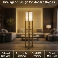 HOMCOM LED staande lamp met planken, vloerlamp met voetschakelaar en USB-poorten, instelbare kleurtemperaturen, rustiek bruin(m-5)