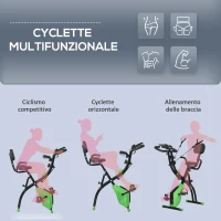 HOMCOM Cyclette Pieghevole 2 in 1, Resistenza Magnetica Regolabile 8 Livelli, Cyclette da Casa Silenziosa con Sensore di Frequenza Cardiaca, Elastici per Braccia, Schermo LCD, Volano 2.5kg, Verde(m-8)