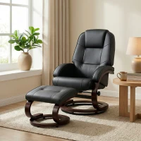 HOMCOM Swivel Recliner Chair with Footstool, PU Leather Recliner Armchair with Adjustable Back and Wood Frame, Black(m-2)