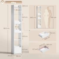 HOMCOM Estantería para Libros con 2 Cajones y Puerta Librería Estrecha con 6 Estantes Abiertos 32x24x181,5 cm Blanco(m-3)