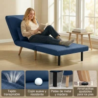 HOMCOM Sofá Cama Individual Plegable con Respaldo Ajustable 5 Posiciones Sillón Cama Tapizado con Cojín 72x75x85 cm Azul(m-6)