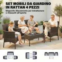 Outsunny Set da Giardino 4pz con Divano 2 Posti, 2 Sedie e Tavolino Basso, in Rattan e Acciaio, Grigio e Marrone(m-4)