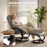 HOMCOM Swivel Recliner Chair with Footstool, PU Leather Recliner Armchair with Adjustable Back and Wood Frame, Grey(m-4)