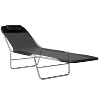 Outsunny Outdoor Foldable Sun Lounger, Garden 6 Level Adjustable Backrest Recliner Sun Lounger Chair with Headrest Pillow, Black(m-1)