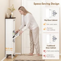 HOMCOM Shoe Cabinet with 3 Flip Drawers, Farmhouse Narrow Shoe Storage Cabinet with Adjustable Shelves, White(m-4)