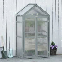 Outsunny 80 x 47 x 138 cm Polycarbonate Greenhouse with Adjustable Shelves Double Doors Openable Top Covers Garden for Flower Vegetable Plants Grey(m-7)