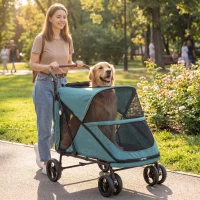 PawHut Carrito para Perros Plegable con un Botón hasta 30 kg con Suspensión en 4 Ruedas Giratorio y Freno de Pie Turquesa(m-2)