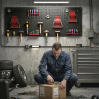 HOMCOM Set 4 Pannelli Porta Attrezzi da Parete in Acciaio 38pz, con 12 Supporti e 22 Ganci, Nero e Rosso(m-8)