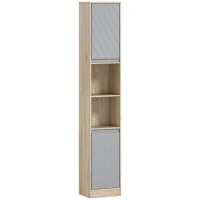 HOMCOM Meuble colonne salle de bain à 6 niveaux, meuble de rangement étroit avec 2 portes, 2 compartiments ouverts et étagère réglable, pour toilette, petits espaces, 30 x 24 x 170 cm gris et chêne(m-12)