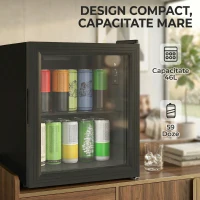 HOMCOM Frigider 46L, 59 Cutii, Ușă din Sticlă, Raft Temperat, LED, Touchscreen, pentru Bucătărie Birou Dormitor Bar, Negru(m-4)