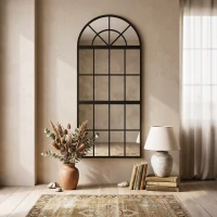 HOMCOM Large Arched Wall Mirror with Metal Grid, 3-Piece Split Window Mirrors, 120 x 54 cm, Black(m-2)