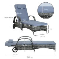 Outsunny Garden Rattan Furniture Single Sun Lounger Recliner Bed Reclining Chair Patio Outdoor Wicker Weave Adjustable Headrest with Fire Retardant Cushion - Grey(m-3)
